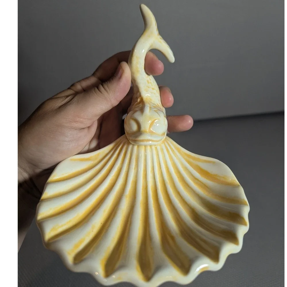 VTG Holland Mold 1974 Signed Ceramic Koi Fish Scallop Shell Soap Trinket Dish